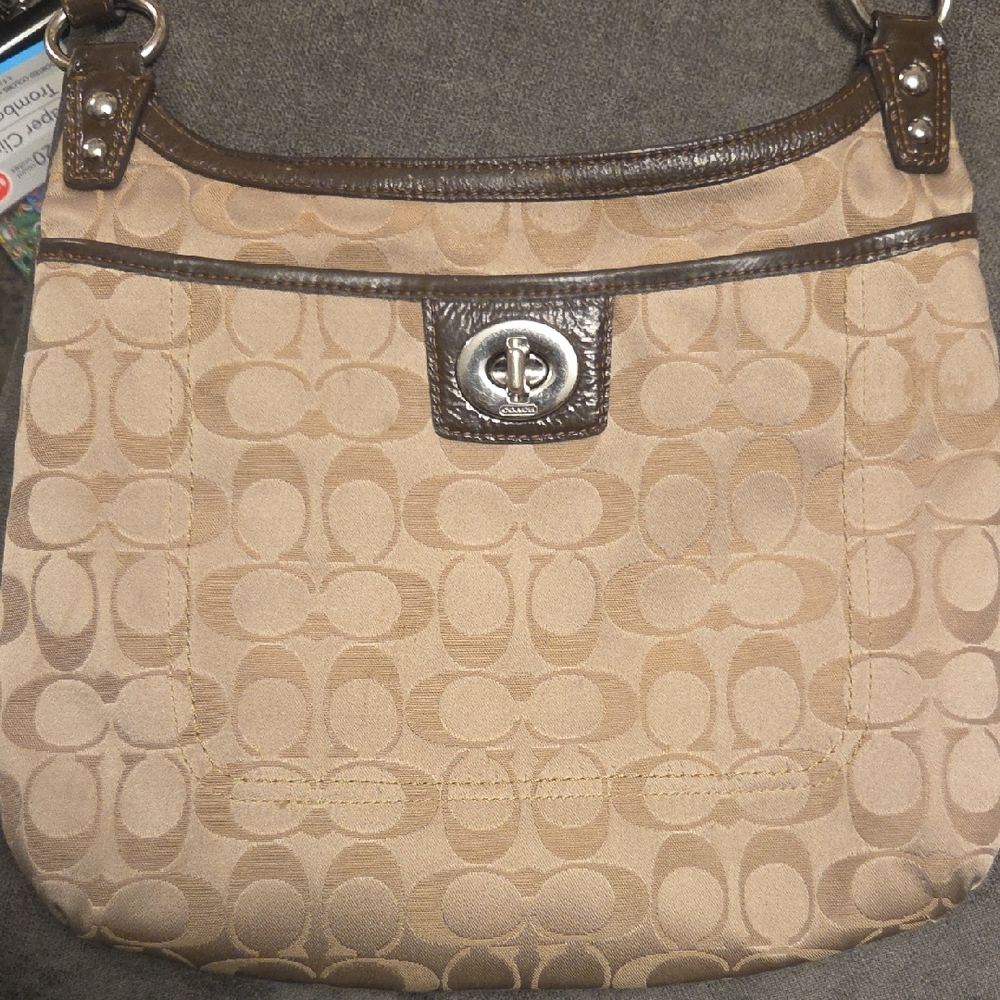 Coach Tan and Brown Signature Shoulder Bag